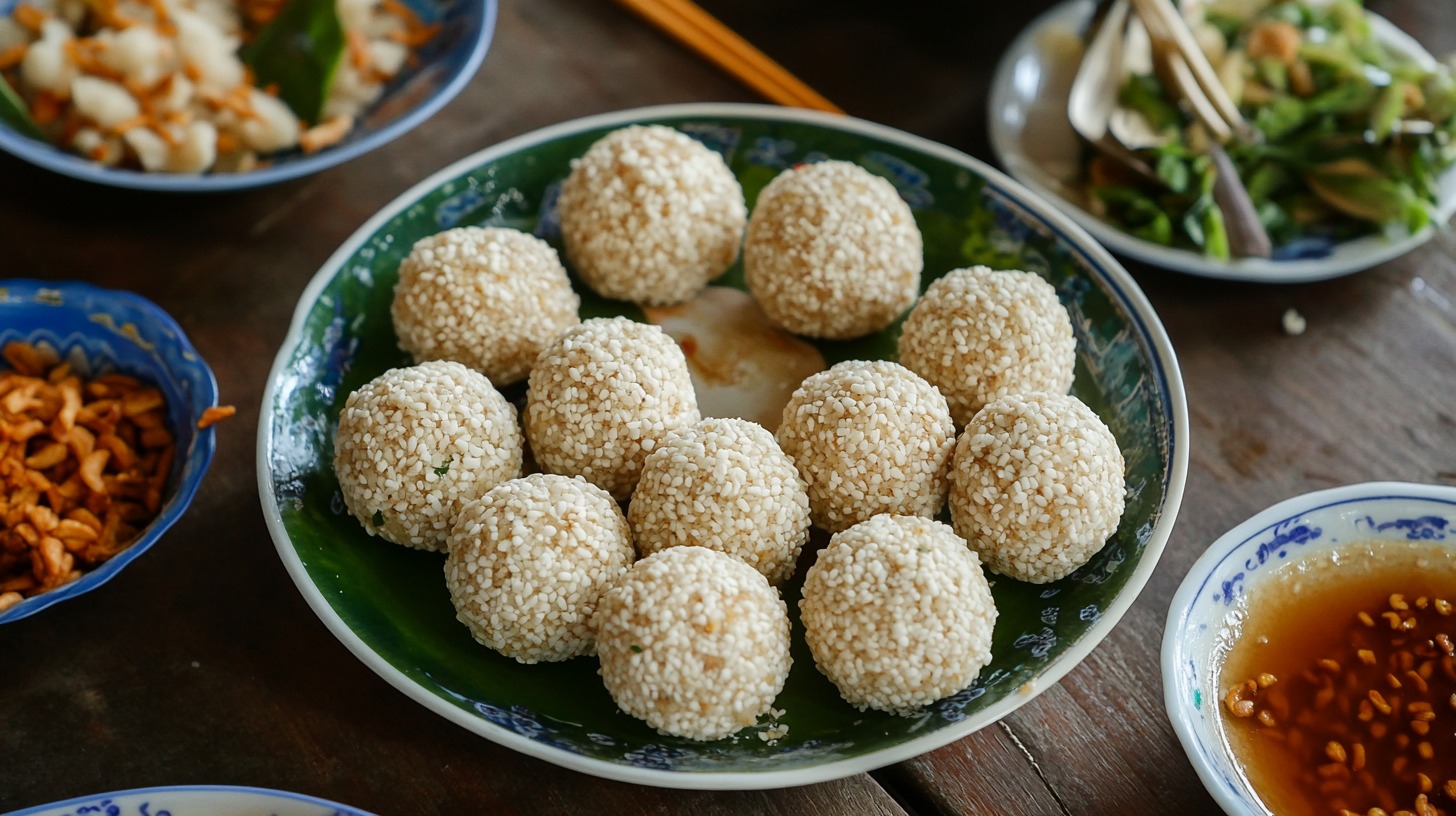 Plate of golden Vietnamese sesame balls (Bánh Cam) topped with sesame seeds, surrounded by traditional side dishes on a wooden table