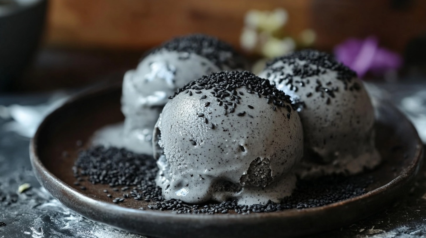 Three scoops of black sesame ice cream topped with black sesame seeds, served on a rustic dark plate