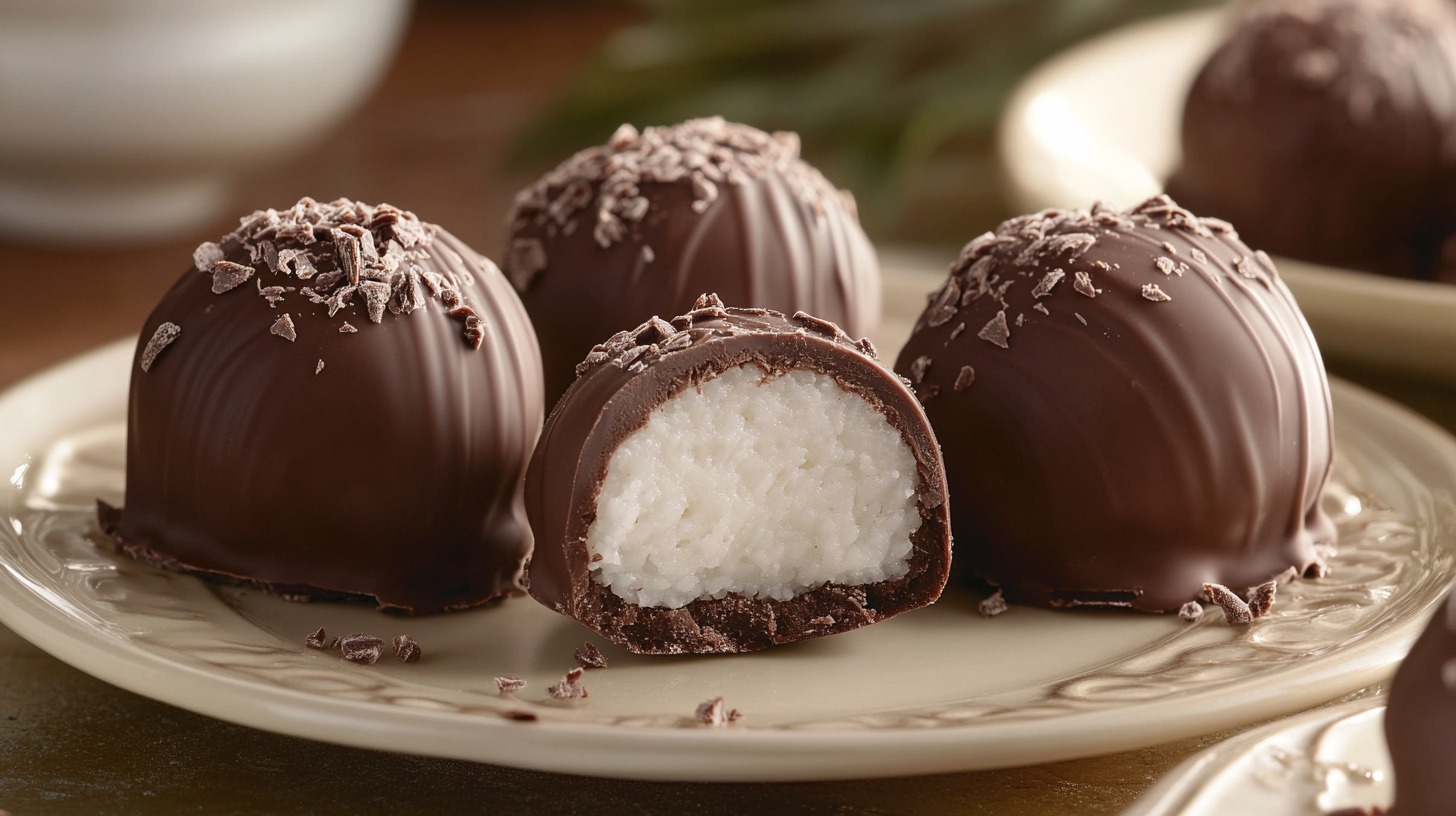 Plate of chocolate mochi truffles with a cross-section revealing a chewy, white mochi center, garnished with chocolate shavings