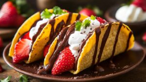 Close-up of dessert tacos filled with strawberries, whipped cream, and topped with chocolate drizzle on a brown plate