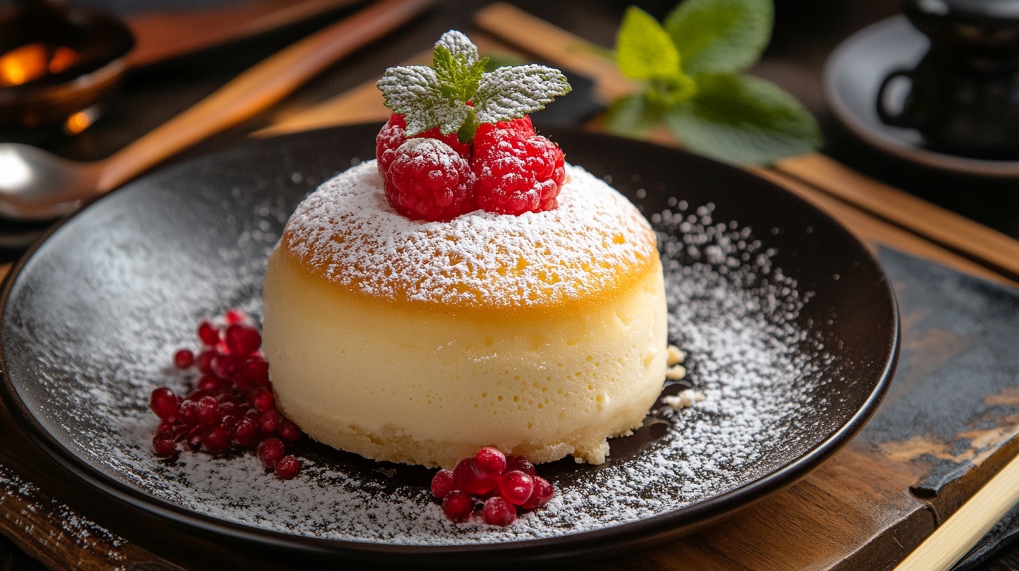 Close-up of a Japanese soufflé cheesecake dusted with powdered sugar, topped with raspberries and mint leaves on a black plate