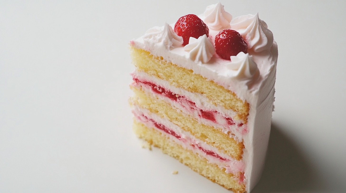 A slice of Japanese strawberry shortcake with layers of sponge, whipped cream, and fresh strawberries on a white background.