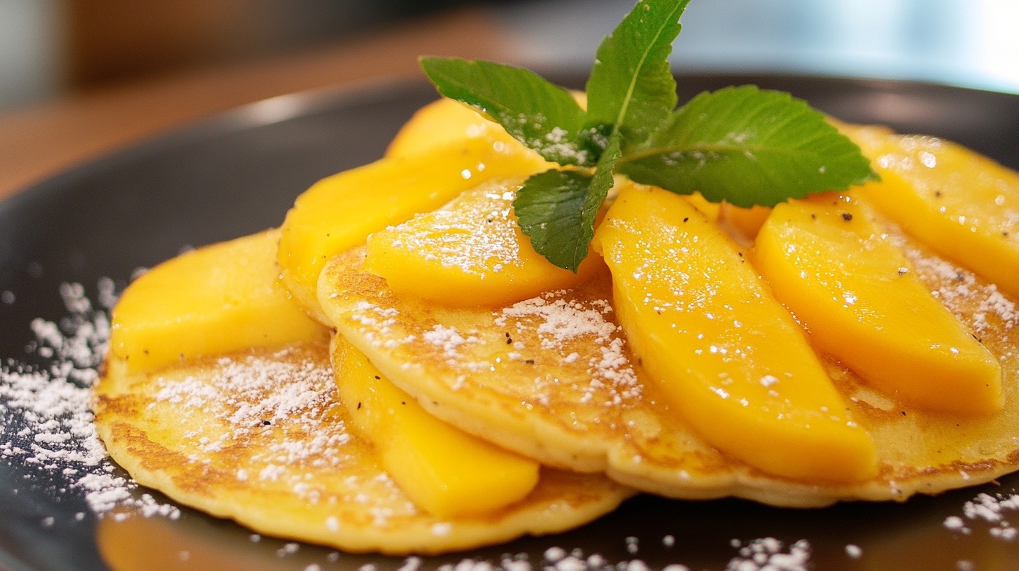 Close-up of fluffy pancakes topped with fresh mango slices, powdered sugar, and a mint garnish on a black plate