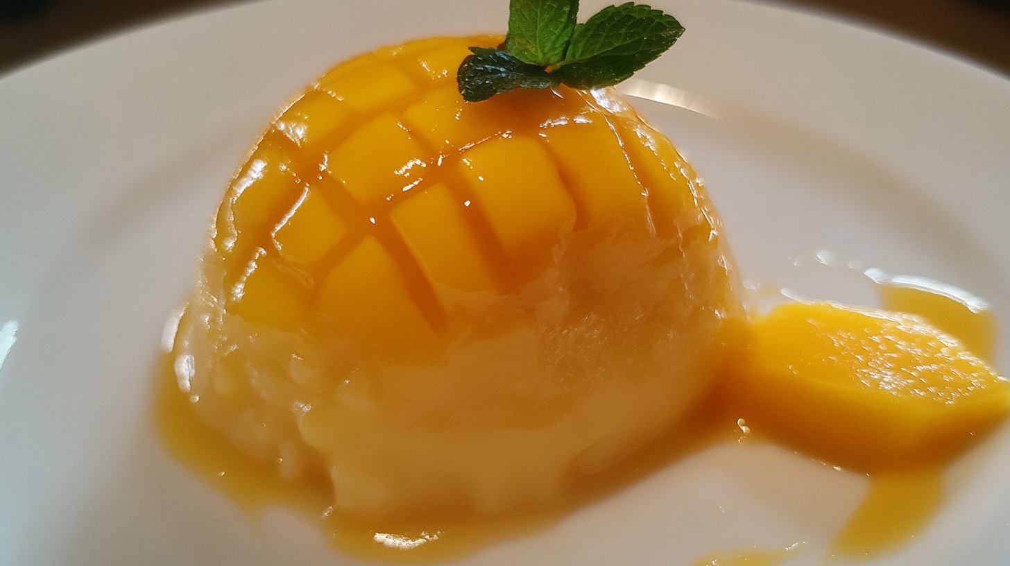 Close-up of a mango pudding topped with fresh mango cubes and a mint leaf on a white plate