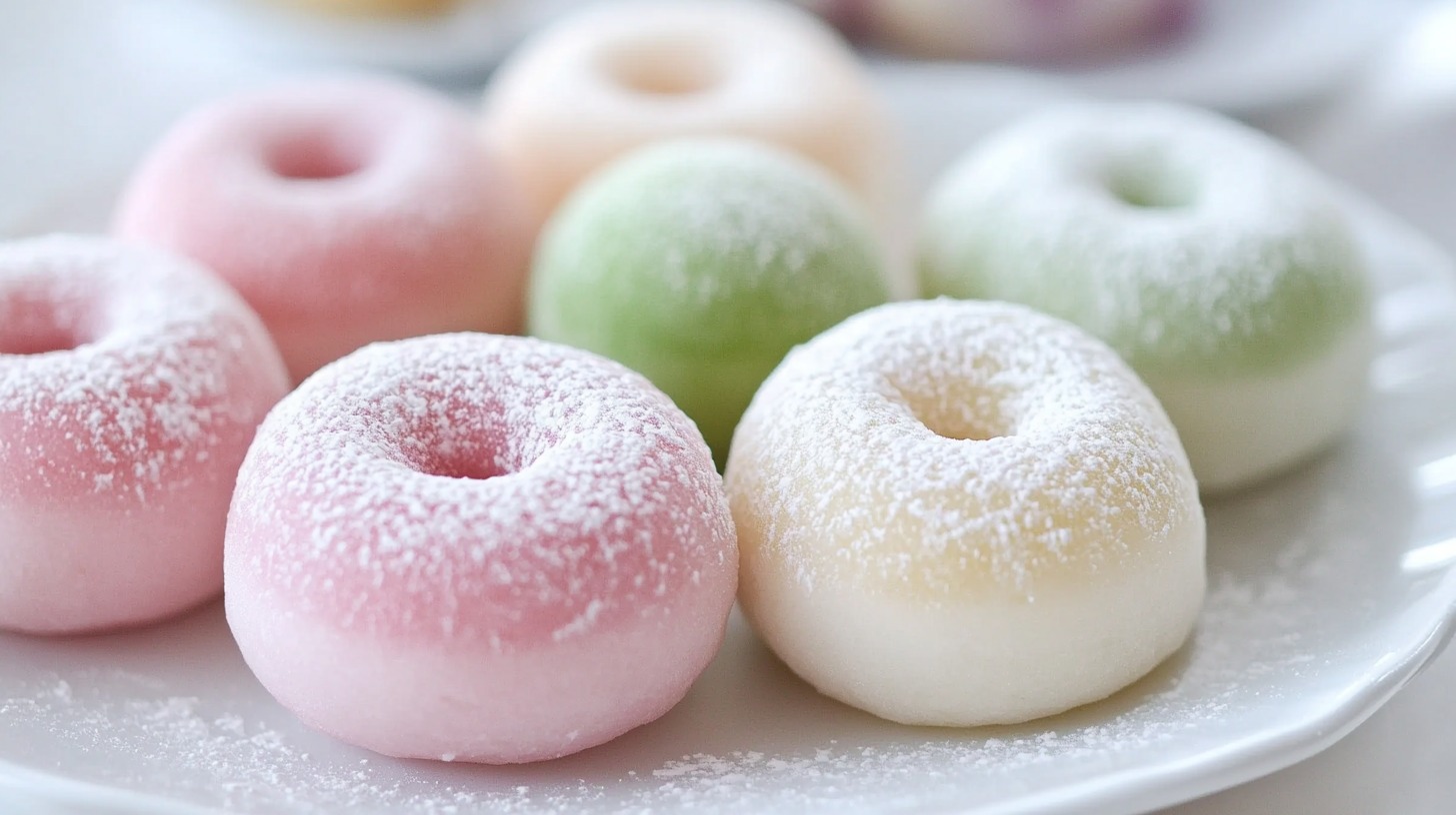 Colorful mochi donuts in pink, white, and green dusted with powdered sugar on a white plate