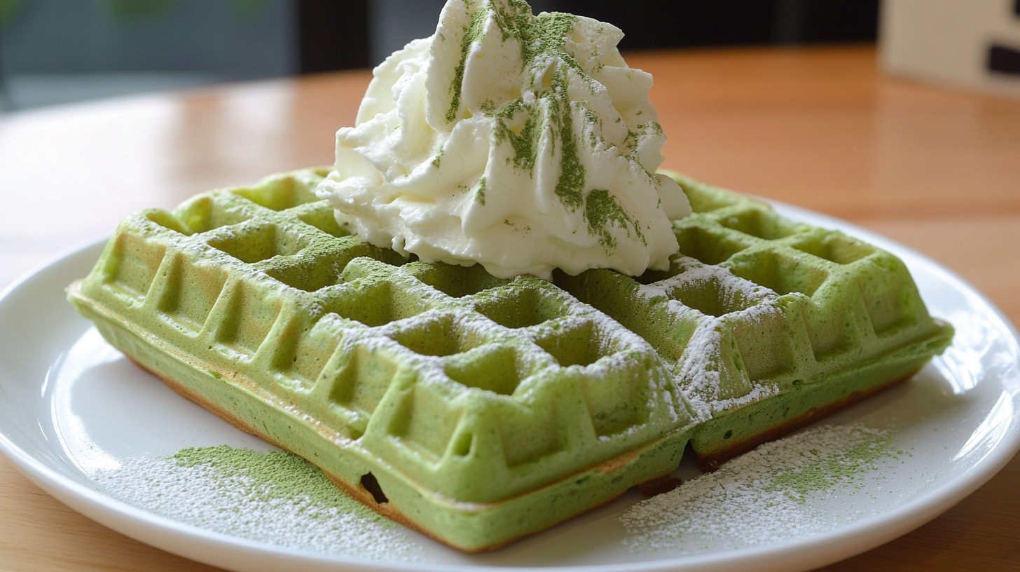 Close-up of green pandan waffles dusted with powdered sugar and topped with whipped cream on a white plate