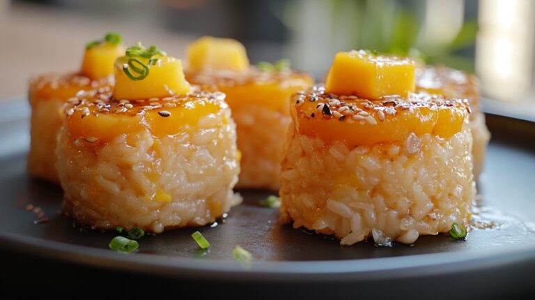 Close-up of mango sticky rice bites garnished with sesame seeds and green onion on a dark plate.