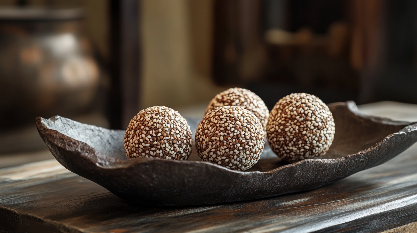 Four sesame-covered balls placed in a rustic black dish on a wooden table