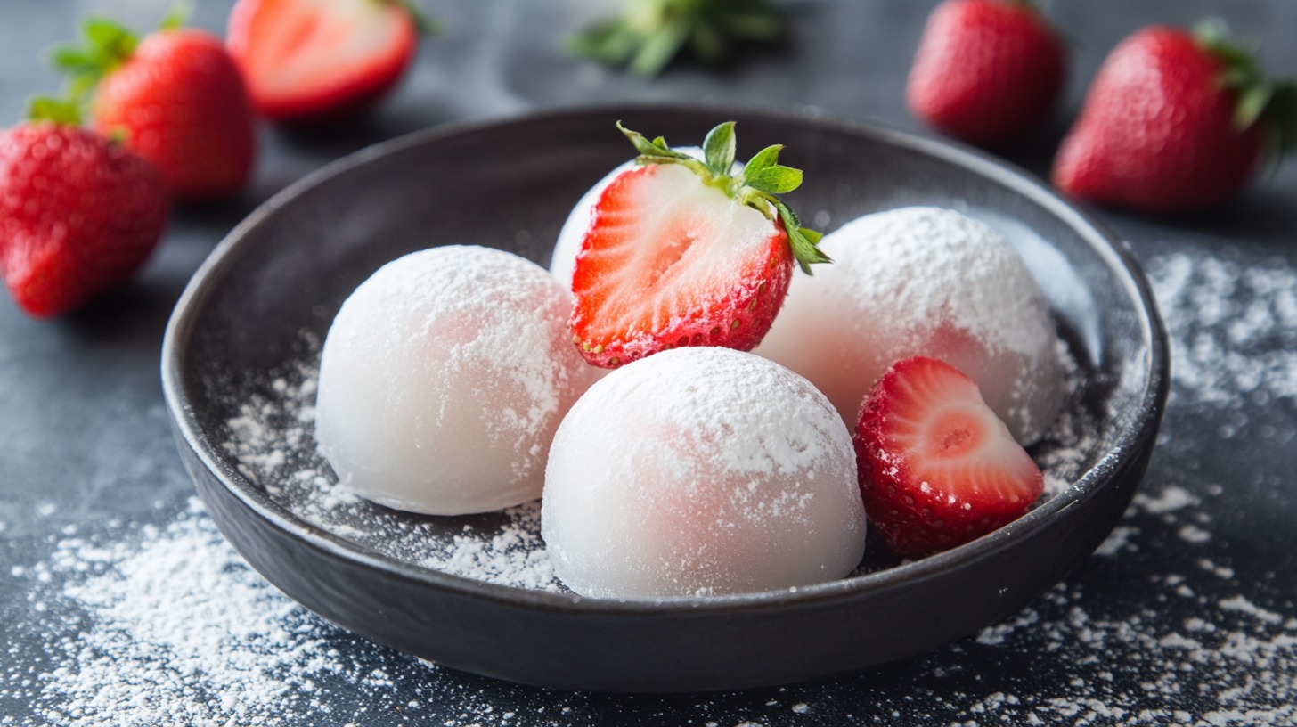 Close-up of strawberry mochi on a black plate, dusted with powdered sugar and garnished with fresh strawberries