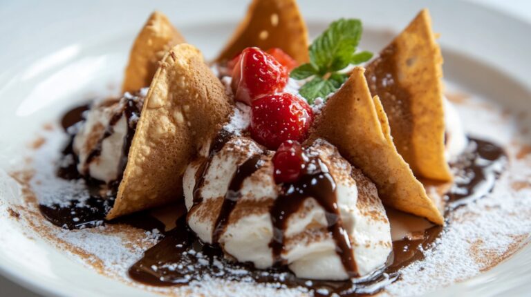 plate of dessert tacos filled with whipped cream, topped with strawberries, chocolate drizzle, and a mint garnish