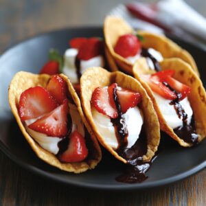 A plate of dessert tacos filled with whipped cream, fresh strawberries, and chocolate sauce.