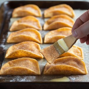 A hand brushing melted butter onto dessert taco shells coated in cinnamon sugar.