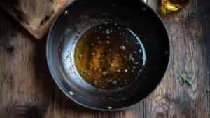 pan of hot oil on a rustic wooden surface, ready for frying