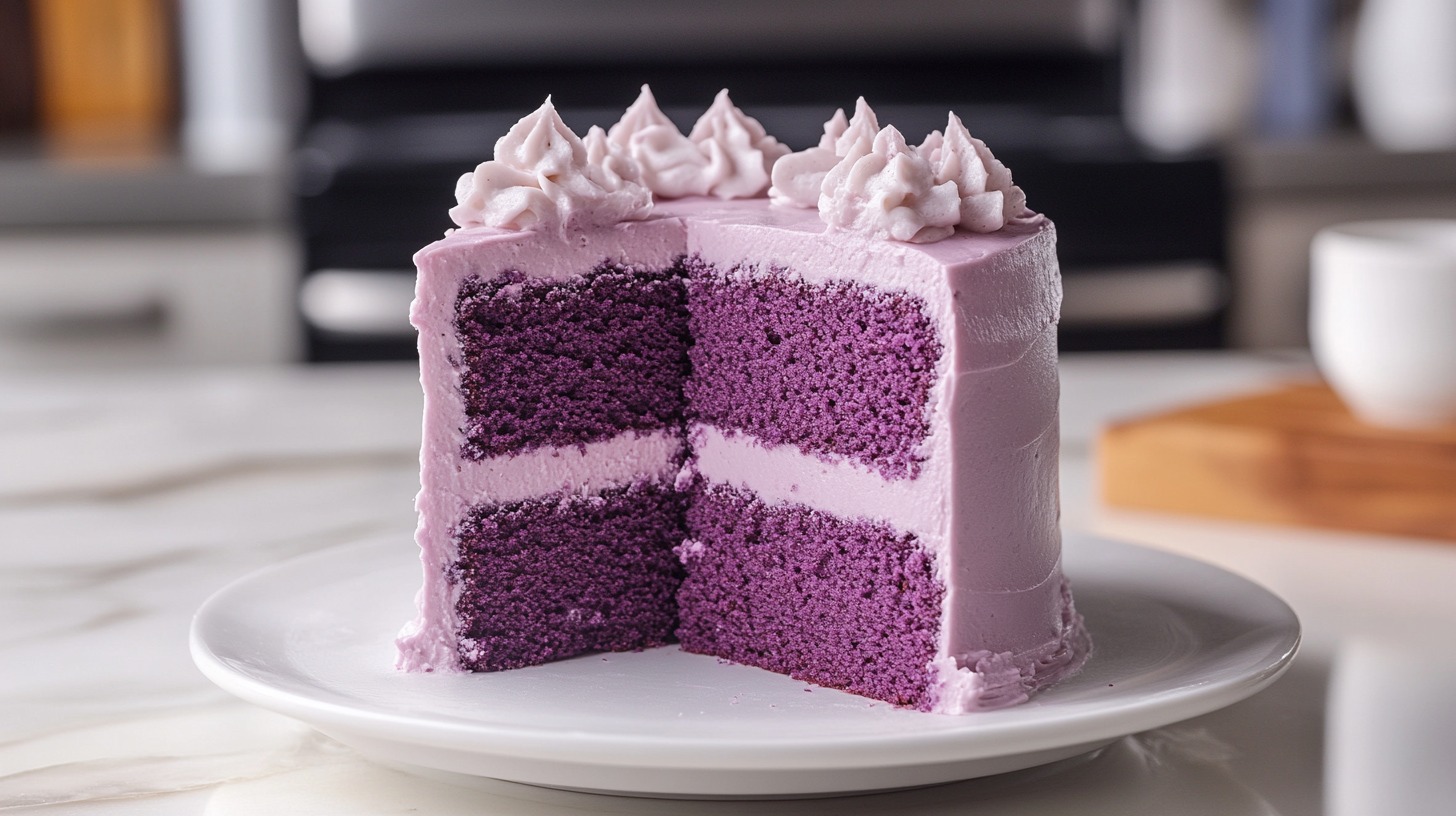 A slice of ube cake with two purple sponge layers and light lavender frosting, displayed on a white plate