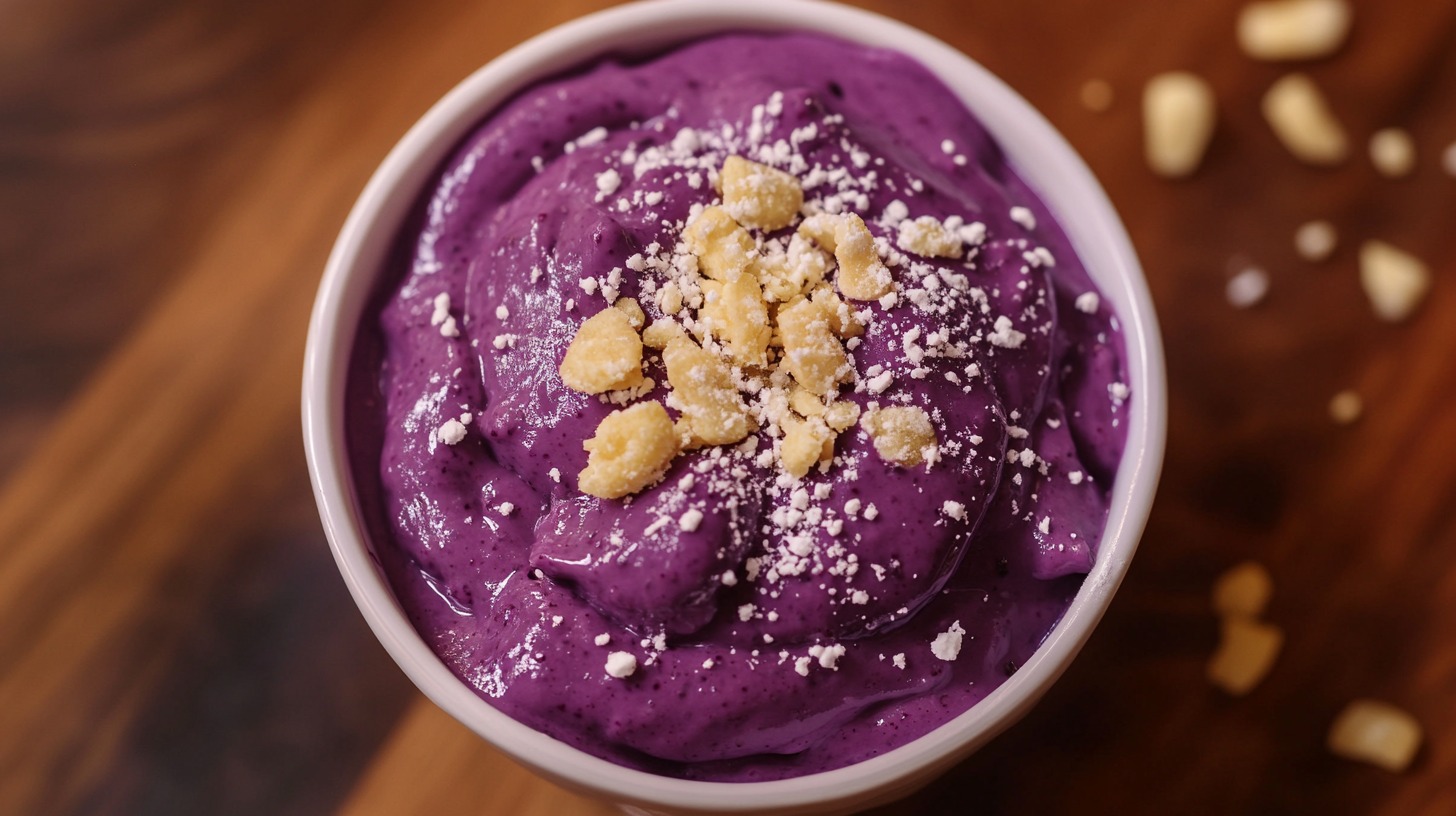 Close-up of a bowl filled with purple ube champorado, garnished with crushed nuts on top