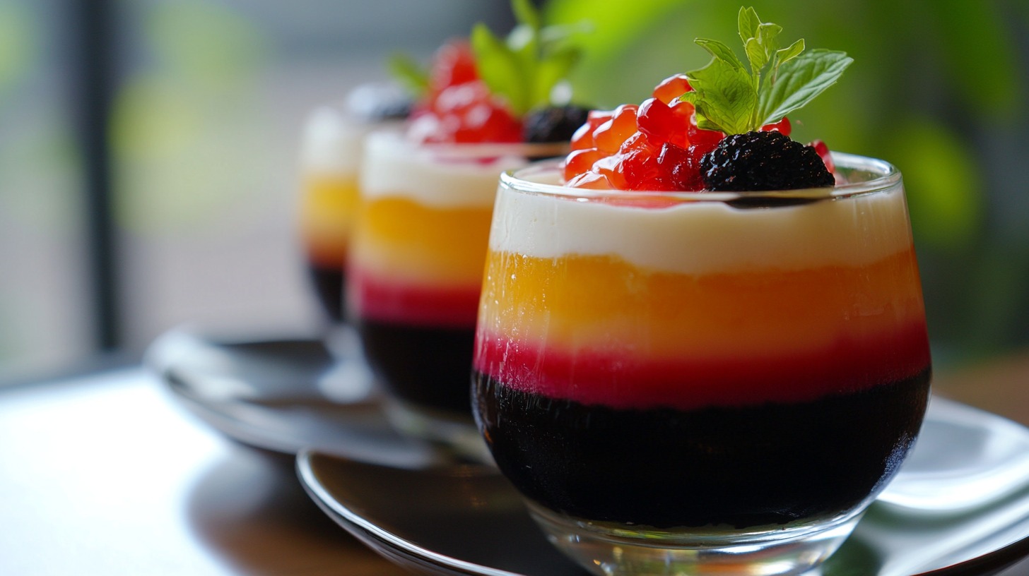 A glass filled with layers of black jelly, red beans, yellow mung bean paste, coconut cream, and topped with red and black tapioca pearls, garnished with a mint leaf