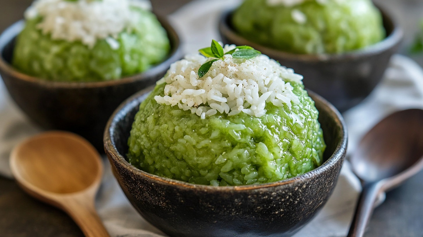 Close-up of green pandan sticky rice topped with shredded coconut in a rustic bowl, accompanied by wooden spoons