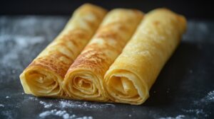 Three rolled golden-brown crepes on a dark surface dusted with flour