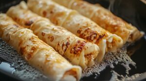 Close-up of rolled crepes being fried in bubbling butter or oil in a pan