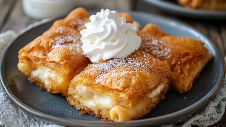 Close-up of golden fried Xangos filled with cheesecake, topped with powdered sugar and whipped cream on a dark plate