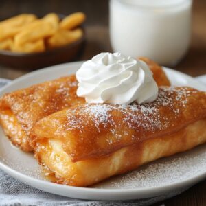 Two golden fried Xangos topped with whipped cream and powdered sugar, served on a plate with a glass of milk in the background