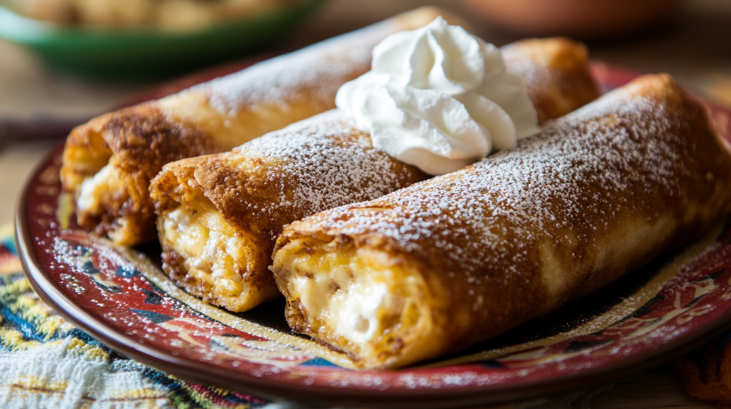 Three golden fried Xangos filled with creamy cheesecake, dusted with powdered sugar and topped with whipped cream, served on a colorful plate