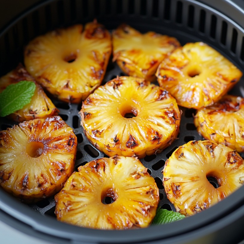 Caramelized pineapple rings in an air fryer basket, with golden edges and a few mint leaves for garnish