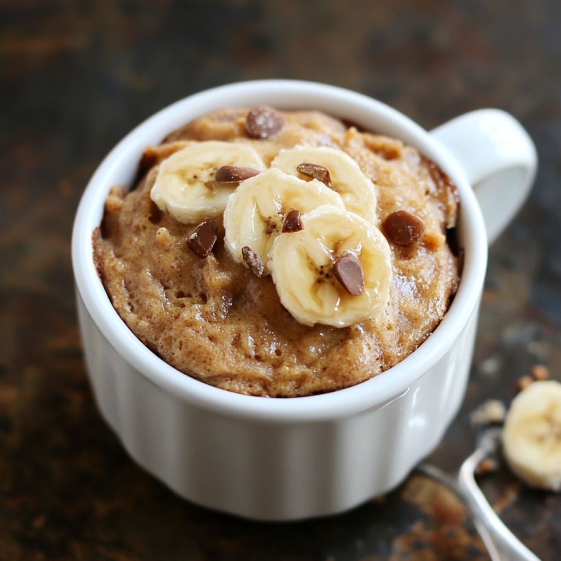 Close-up of a banana bread mug cake topped with banana slices and chocolate chips in a white mug