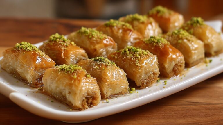 Plate of baklava fingers topped with pistachios and soaked in syrup