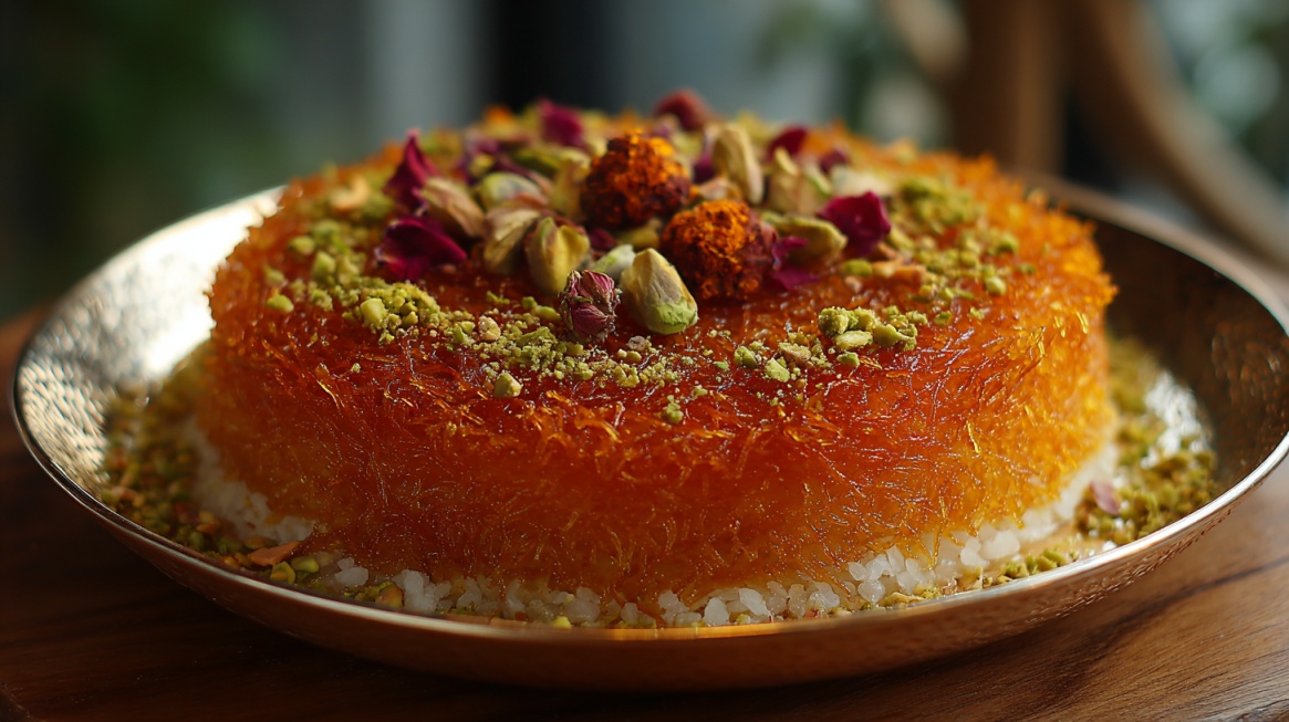 Golden kanafa dessert topped with pistachios and rose petals on a plate