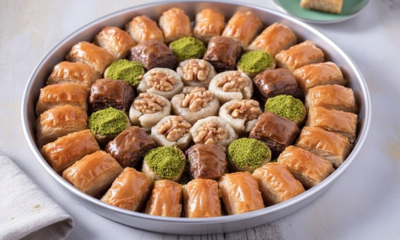 A round tray displays an assortment of baklava. Golden pastries surround a central arrangement of nut and pistachio-topped sweets