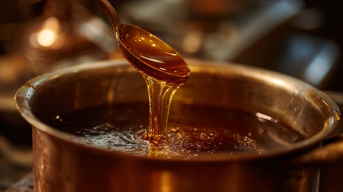 Golden sugar syrup dripping from a spoon into a pot