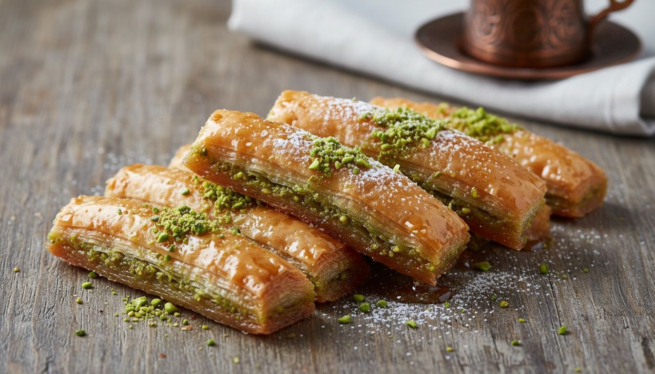 Baklava fingers stacked on a wooden surface with pistachio topping and powdered sugar