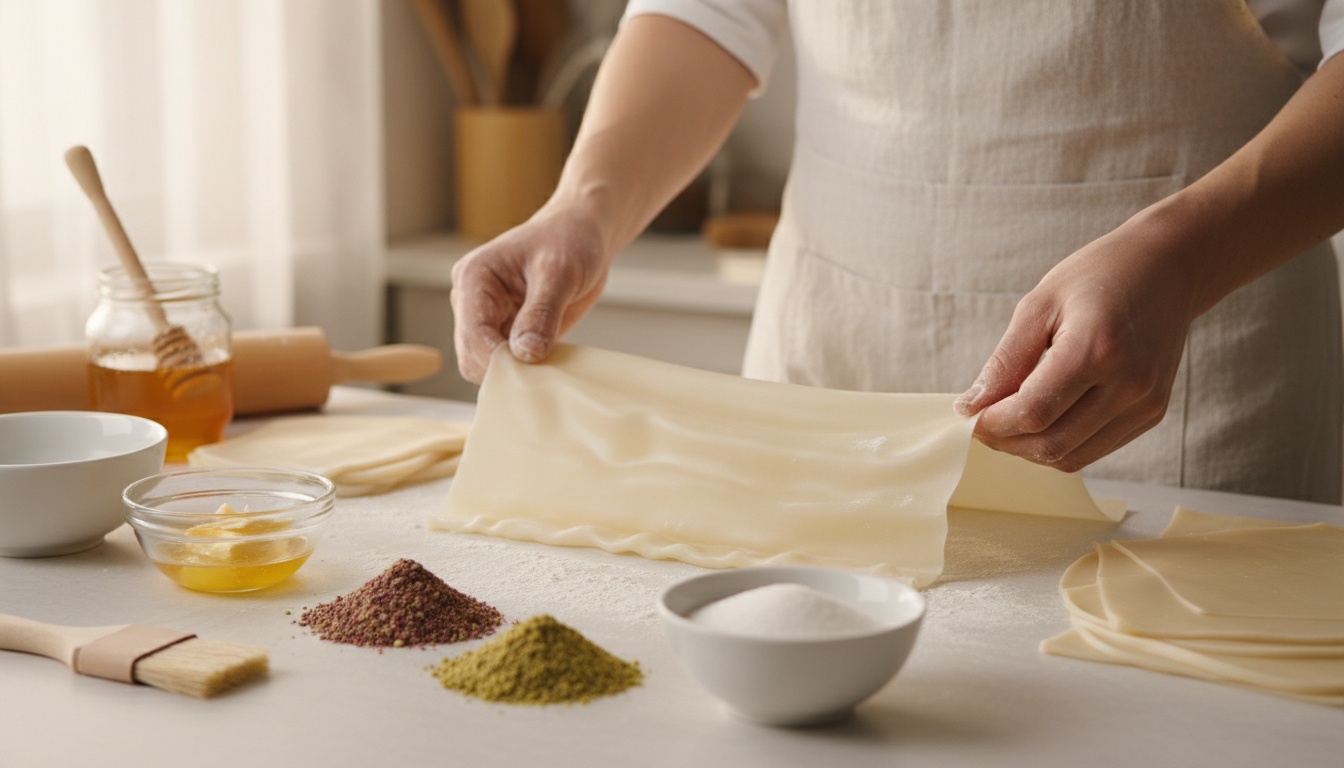 Hands stretching thin pastry sheets on a kitchen counter with ingredients nearby